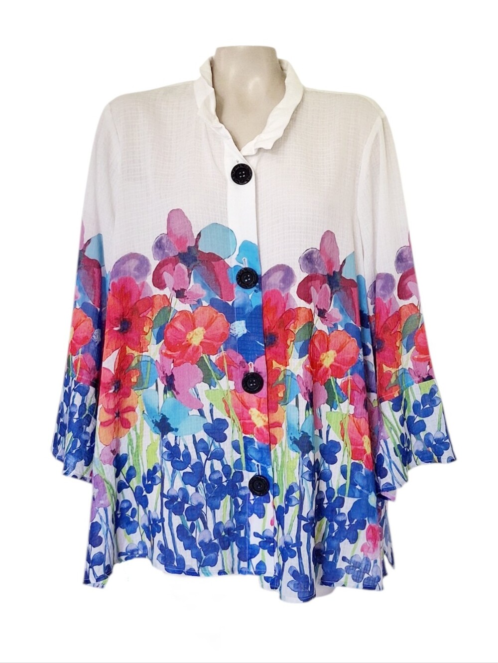 Ali Miles 1X Lightweight Floral Wire Collar Jacket Watercolor 3/4 Sleeve